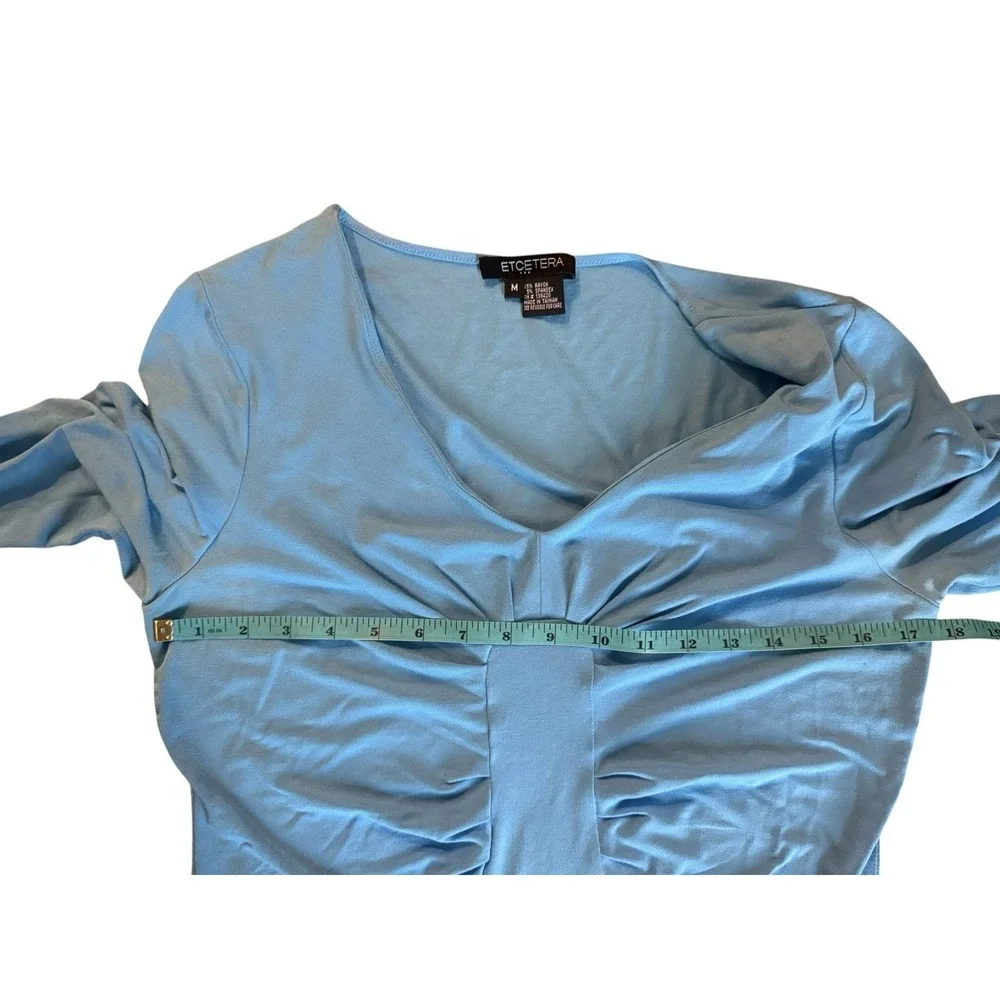 Etcetera Womens M Turquoise Blue Ruched V Neck 3/4 Sleeve Stretch Top